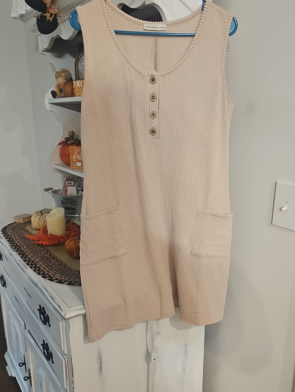Zenana Outfitters Ribbed Sleeveless Dress in Tan